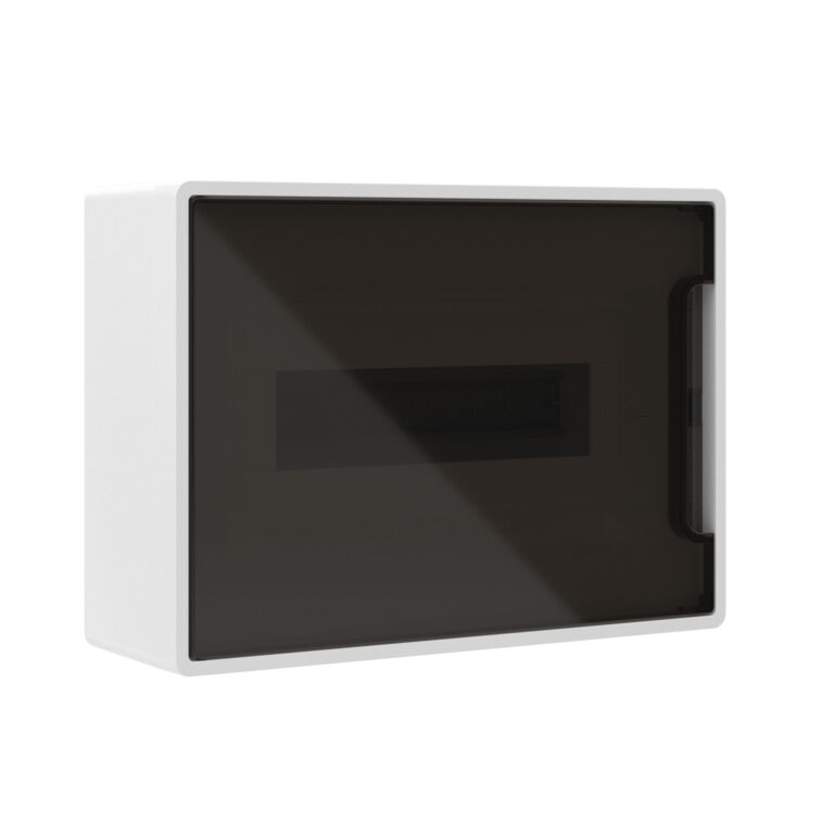 Щиток на 12 модулей настенный FRAME Щиток 12 мод настенный FRAME, белый, с тонированной дверцей, с 2 шинами PEN на 6 и 8 отв.