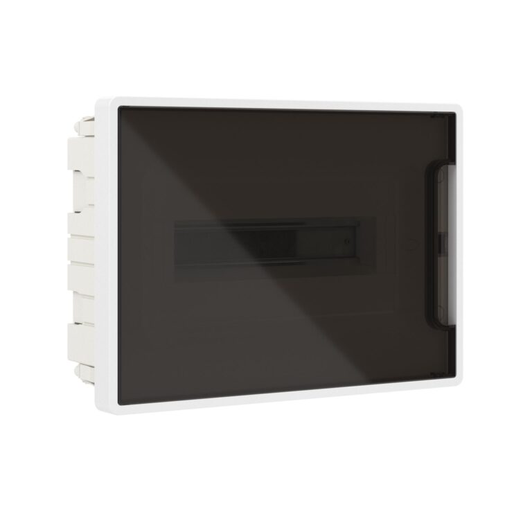 Щиток на 12 модулей встраиваемый FRAME Щиток 12 мод встраиваемый FRAME, белый, с тонированной дверцей, с 2 шинами PEN на 6 и 8 отв.