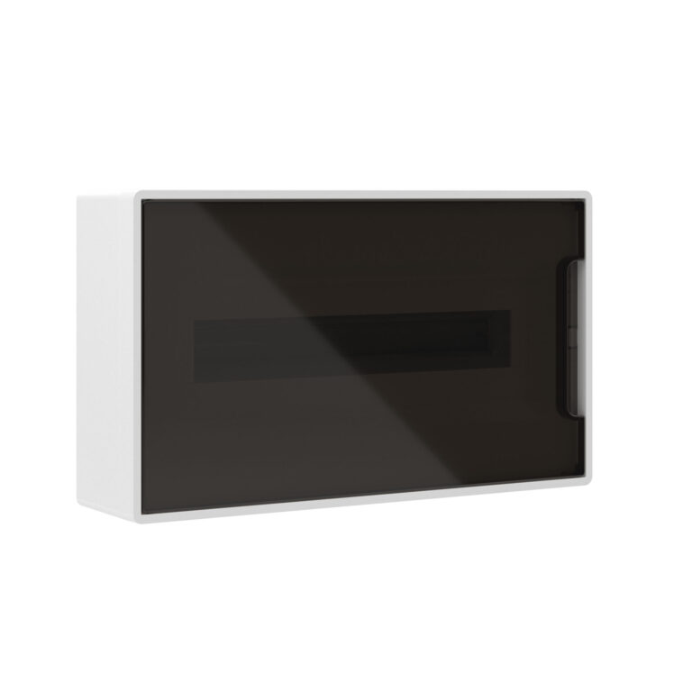 Щиток на 18 модулей настенный FRAME Щиток 18 мод настенный FRAME, белый, с тонированной дверцей, с 2 шинами PEN на 8 и 10 отв.