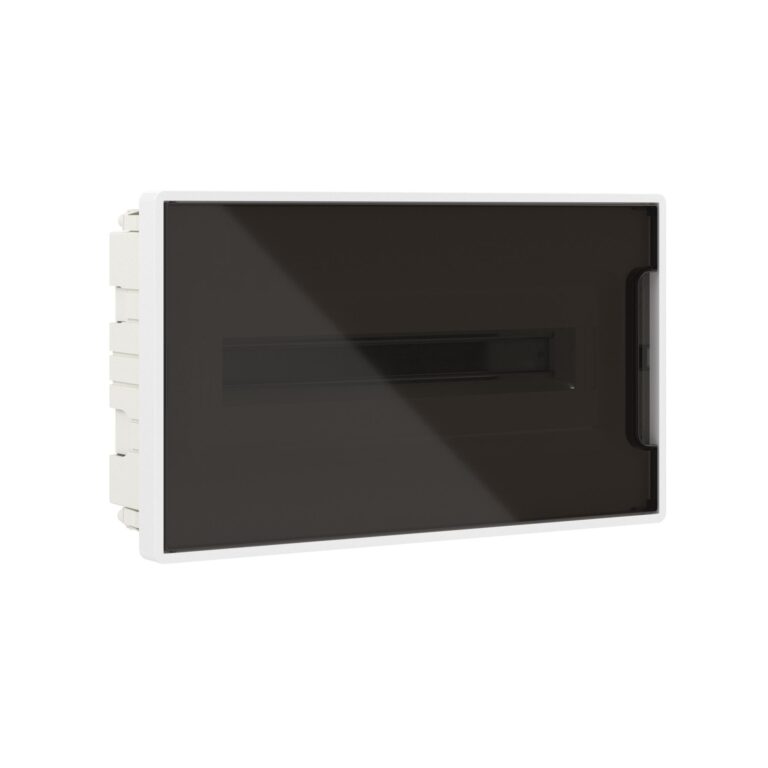 Щиток 18 модулей встраиваемый FRAME Щиток 18 мод встраиваемый FRAME, белый, с тонированной дверцей, с 2 шинами PEN на 8 и 10 отв.