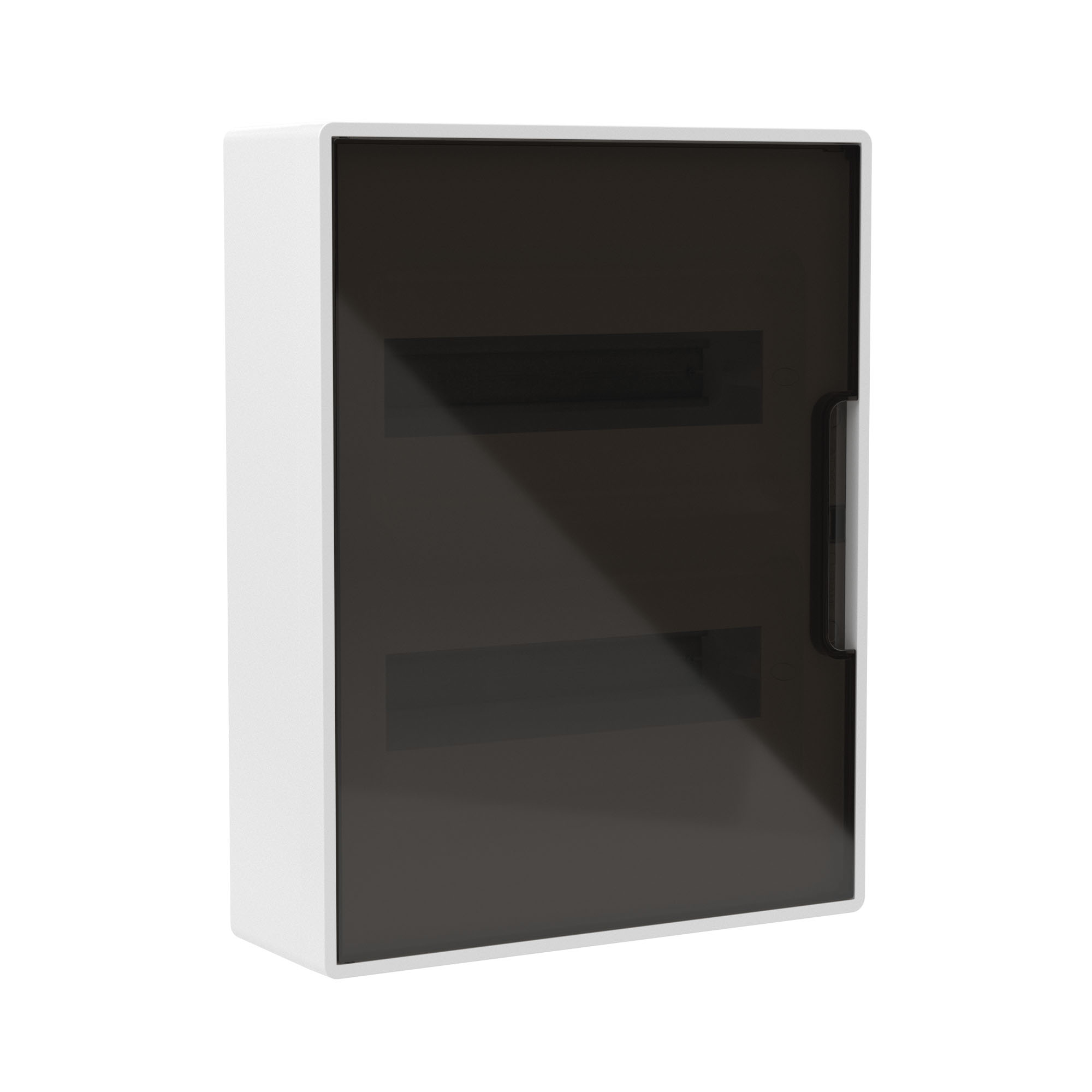 Щиток 24 модулей настенный FRAME Щиток 24 мод настенный FRAME, белый, с тонированной дверцей, с 4 шинами PEN (2шт на 8 отв. и 2шт на 6 отв)