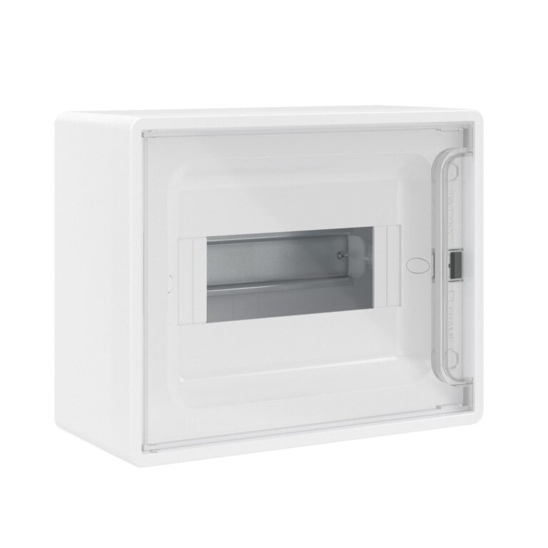 Щиток на 8 модулей настенный FRAME Щиток 8 мод настенный FRAME, белый с прозрачной дверцей, с 2 шинами PEN на 6 и 8 отв.