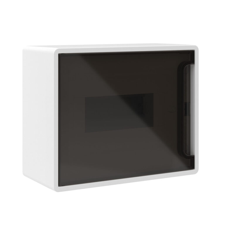 Щиток 8 модулей, настенный FRAME Щиток 8 мод настенный FRAME, белый, с тонированной дверцей, с 2 шинами PEN на 6 и 8 отв.